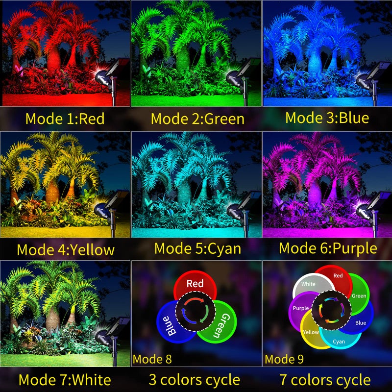 ROSHWEY Solar Spot Lights Outdoor, 7 Colors Halloween Christmas Outdoor Lights Waterproof Landscape Light 600LM Solar Spotlight Lighting for House Backyard Pool Patio Garden Decor- 2 Pack - Image 5